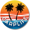 Circular logo with palm trees, sunset, and 'CARPLIFE' text on a white background